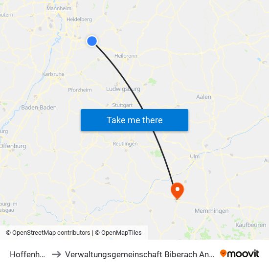 Hoffenheim to Verwaltungsgemeinschaft Biberach An Der Riß map