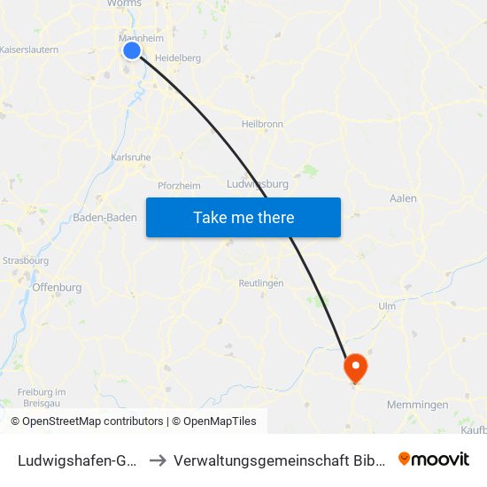 Ludwigshafen-Gartenstadt to Verwaltungsgemeinschaft Biberach An Der Riß map