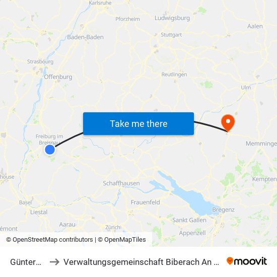 Günterstal to Verwaltungsgemeinschaft Biberach An Der Riß map