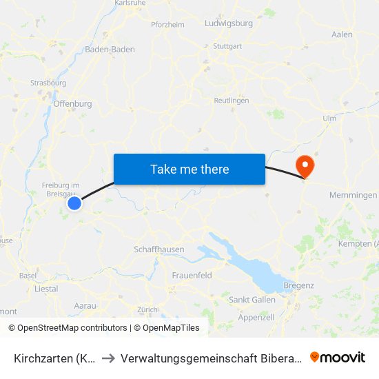 Kirchzarten (Kernort) to Verwaltungsgemeinschaft Biberach An Der Riß map