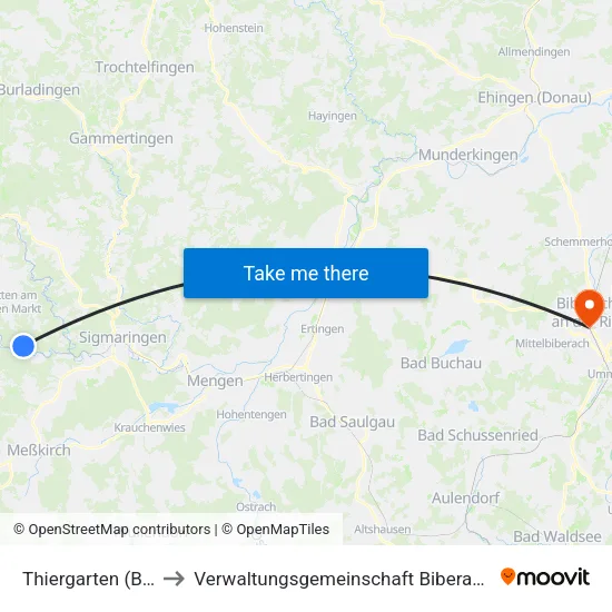 Thiergarten (Beuron) to Verwaltungsgemeinschaft Biberach An Der Riß map