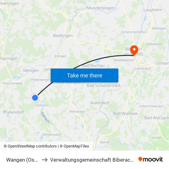 Wangen (Ostrach) to Verwaltungsgemeinschaft Biberach An Der Riß map