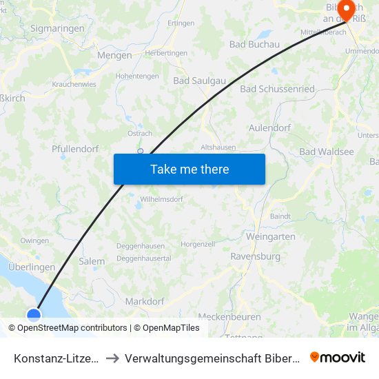 Konstanz-Litzelstetten to Verwaltungsgemeinschaft Biberach An Der Riß map