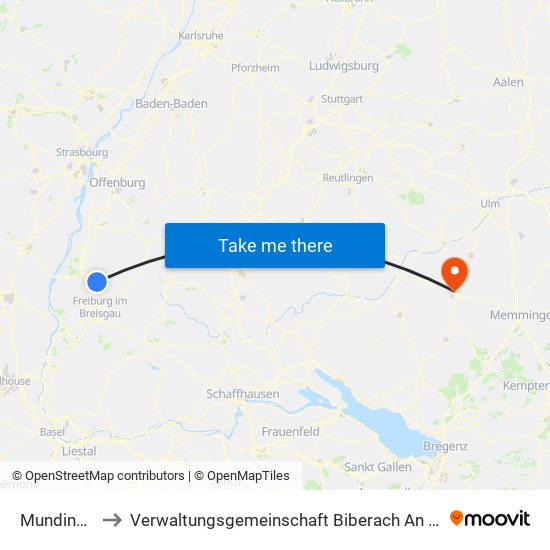 Mundingen to Verwaltungsgemeinschaft Biberach An Der Riß map