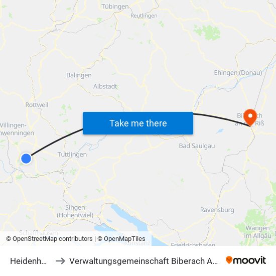 Heidenhofen to Verwaltungsgemeinschaft Biberach An Der Riß map