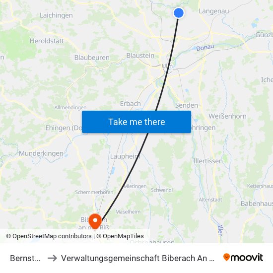 Bernstadt to Verwaltungsgemeinschaft Biberach An Der Riß map