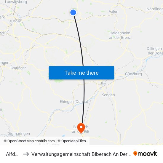 Alfdorf to Verwaltungsgemeinschaft Biberach An Der Riß map