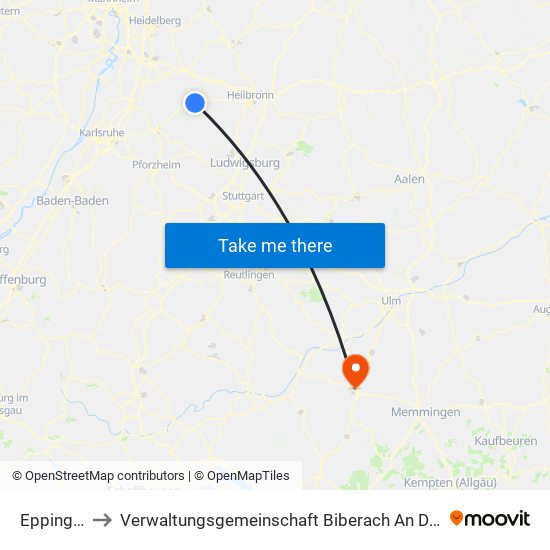 Eppingen to Verwaltungsgemeinschaft Biberach An Der Riß map