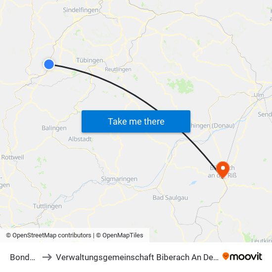 Bondorf to Verwaltungsgemeinschaft Biberach An Der Riß map