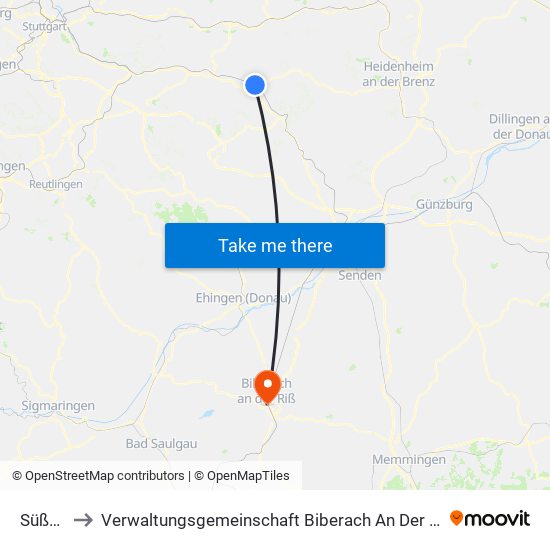 Süßen to Verwaltungsgemeinschaft Biberach An Der Riß map