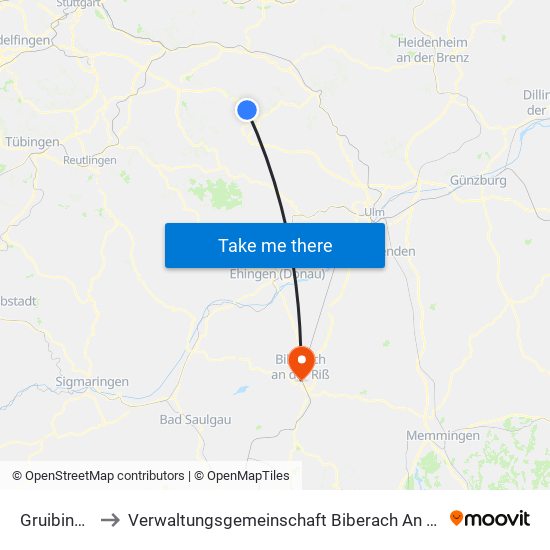 Gruibingen to Verwaltungsgemeinschaft Biberach An Der Riß map