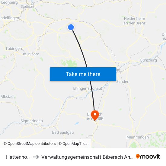 Hattenhofen to Verwaltungsgemeinschaft Biberach An Der Riß map