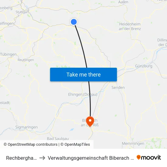 Rechberghausen to Verwaltungsgemeinschaft Biberach An Der Riß map