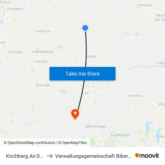 Kirchberg An Der Jagst to Verwaltungsgemeinschaft Biberach An Der Riß map