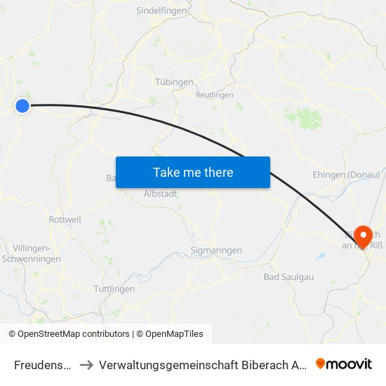 Freudenstadt to Verwaltungsgemeinschaft Biberach An Der Riß map