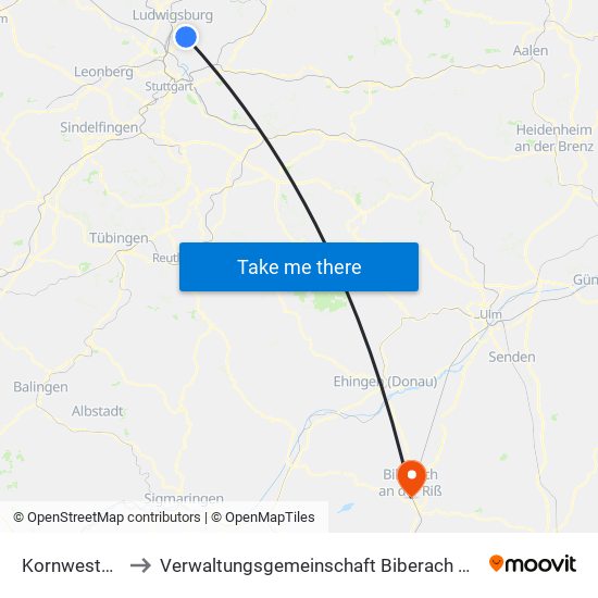 Kornwestheim to Verwaltungsgemeinschaft Biberach An Der Riß map