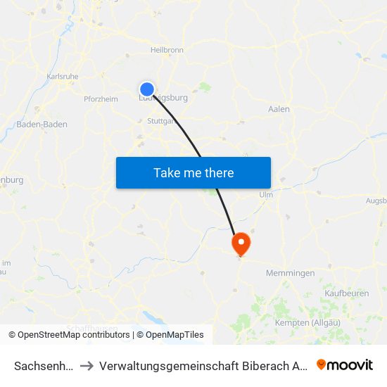 Sachsenheim to Verwaltungsgemeinschaft Biberach An Der Riß map