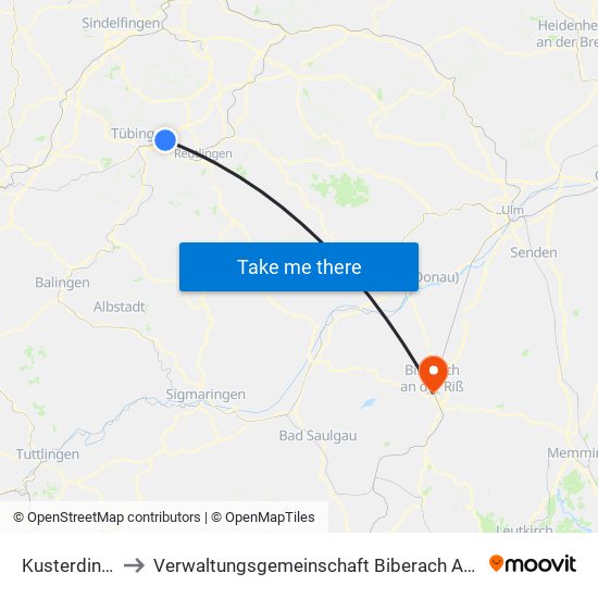 Kusterdingen to Verwaltungsgemeinschaft Biberach An Der Riß map