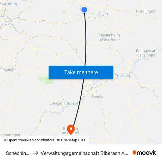 Schechingen to Verwaltungsgemeinschaft Biberach An Der Riß map