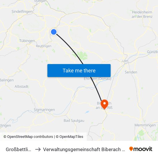 Großbettlingen to Verwaltungsgemeinschaft Biberach An Der Riß map