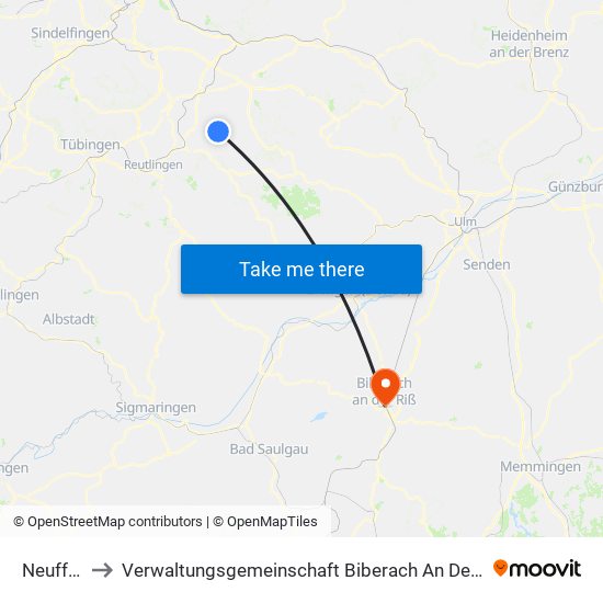 Neuffen to Verwaltungsgemeinschaft Biberach An Der Riß map