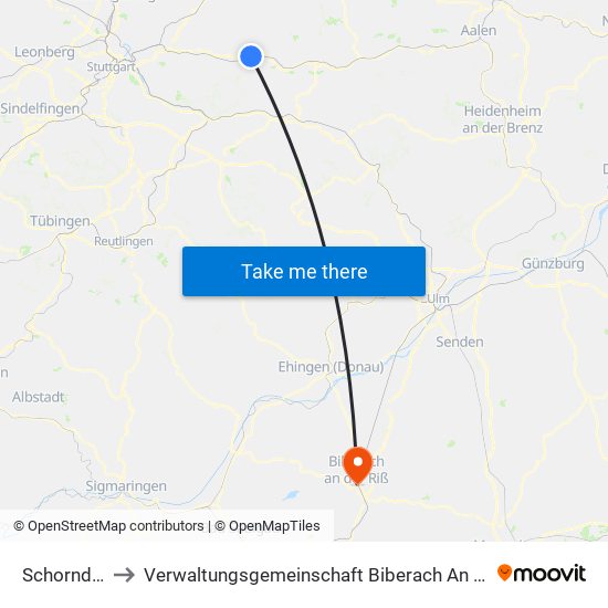 Schorndorf to Verwaltungsgemeinschaft Biberach An Der Riß map