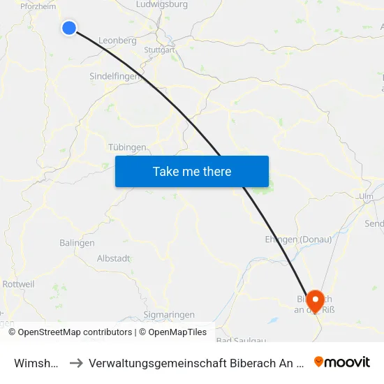 Wimsheim to Verwaltungsgemeinschaft Biberach An Der Riß map