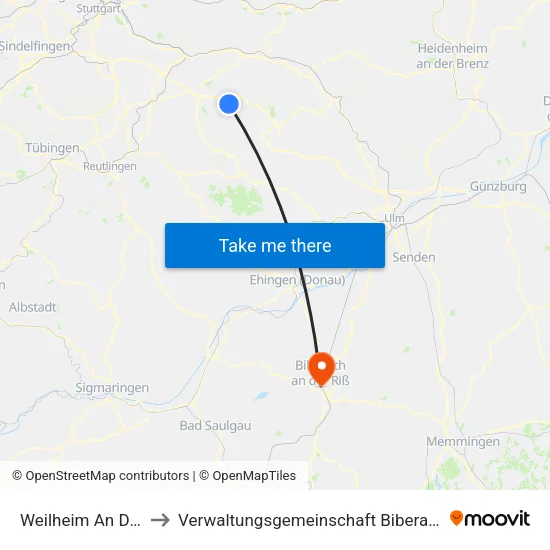 Weilheim An Der Teck to Verwaltungsgemeinschaft Biberach An Der Riß map
