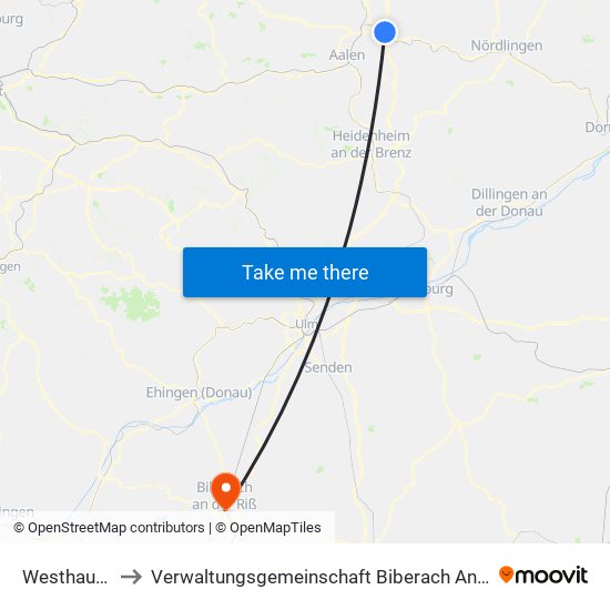 Westhausen to Verwaltungsgemeinschaft Biberach An Der Riß map