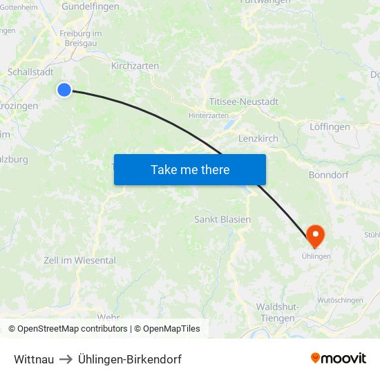 Wittnau to Ühlingen-Birkendorf map