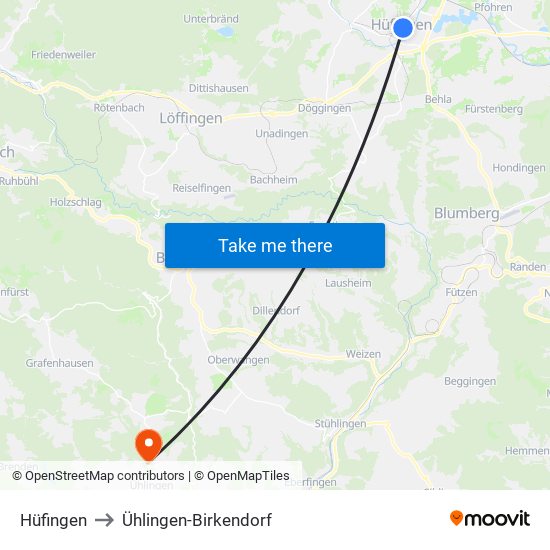 Hüfingen to Ühlingen-Birkendorf map