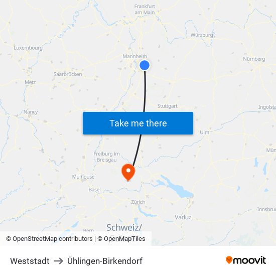 Weststadt to Ühlingen-Birkendorf map