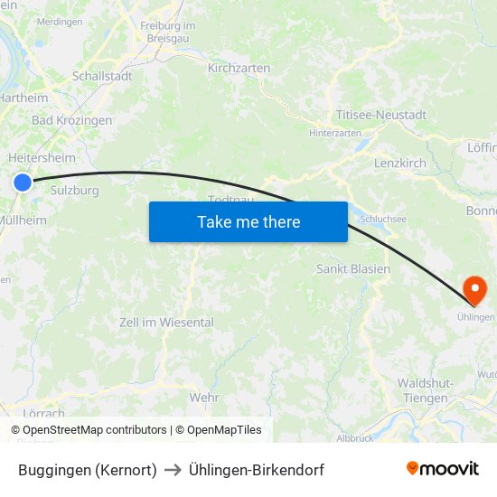 Buggingen (Kernort) to Ühlingen-Birkendorf map