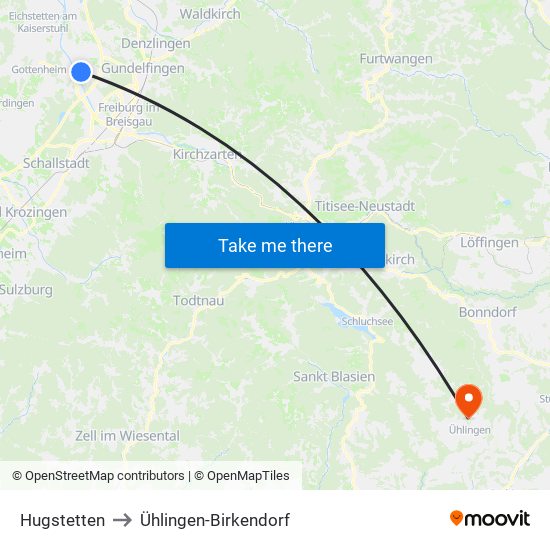 Hugstetten to Ühlingen-Birkendorf map