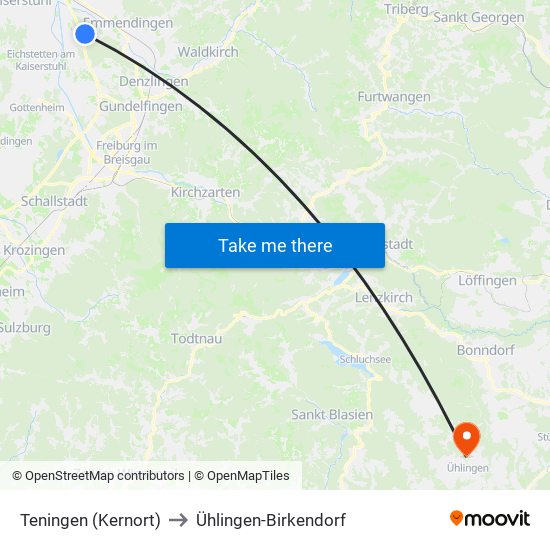 Teningen (Kernort) to Ühlingen-Birkendorf map