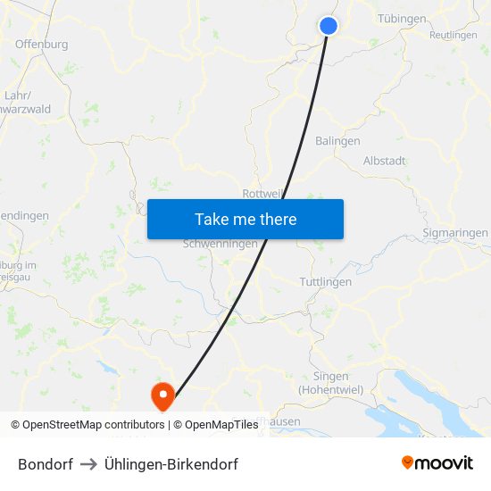 Bondorf to Ühlingen-Birkendorf map