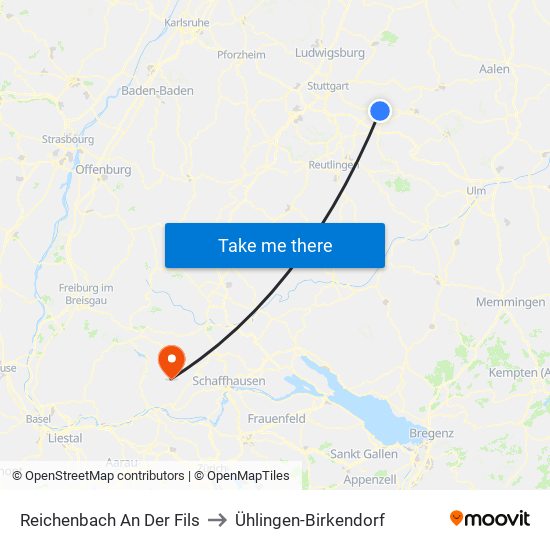 Reichenbach An Der Fils to Ühlingen-Birkendorf map