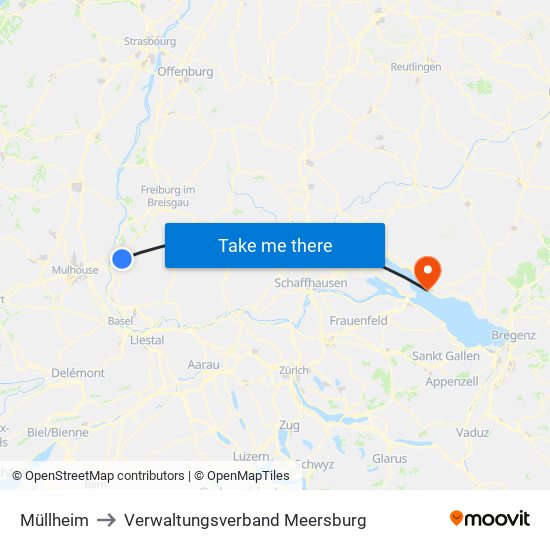 Müllheim to Verwaltungsverband Meersburg map