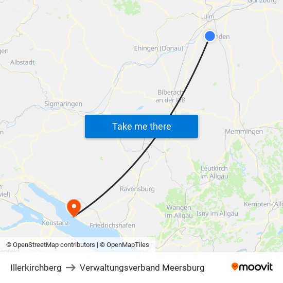 Illerkirchberg to Verwaltungsverband Meersburg map