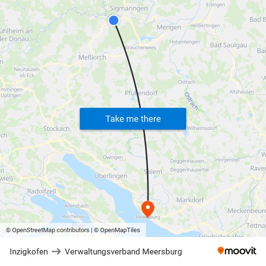 Inzigkofen to Verwaltungsverband Meersburg map
