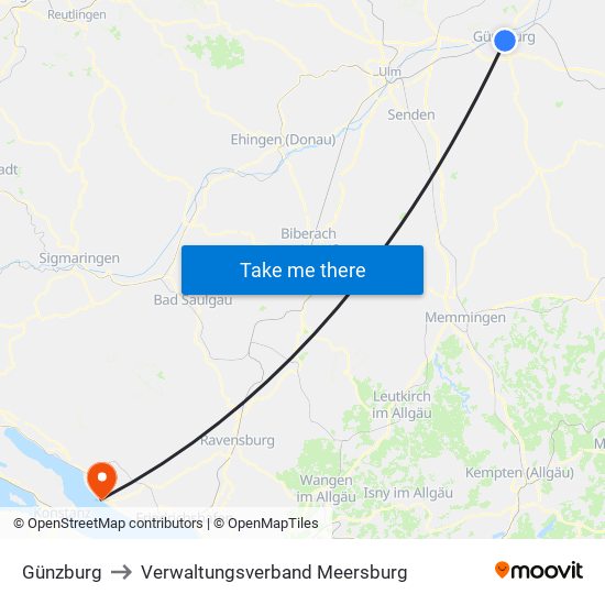 Günzburg to Verwaltungsverband Meersburg map