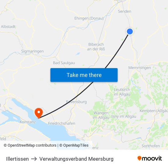 Illertissen to Verwaltungsverband Meersburg map