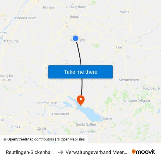 Reutlingen-Sickenhausen to Verwaltungsverband Meersburg map