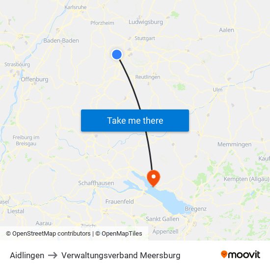 Aidlingen to Verwaltungsverband Meersburg map