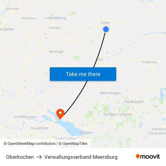 Oberkochen to Verwaltungsverband Meersburg map