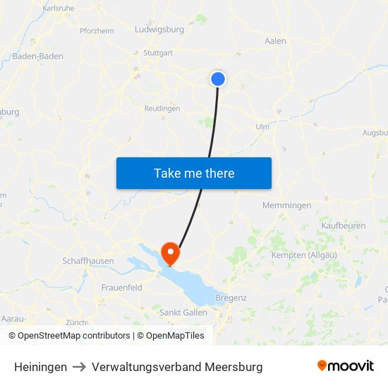 Heiningen to Verwaltungsverband Meersburg map