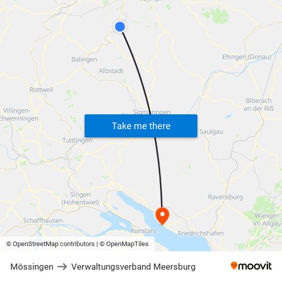 Mössingen to Verwaltungsverband Meersburg map