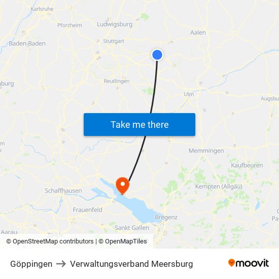 Göppingen to Verwaltungsverband Meersburg map