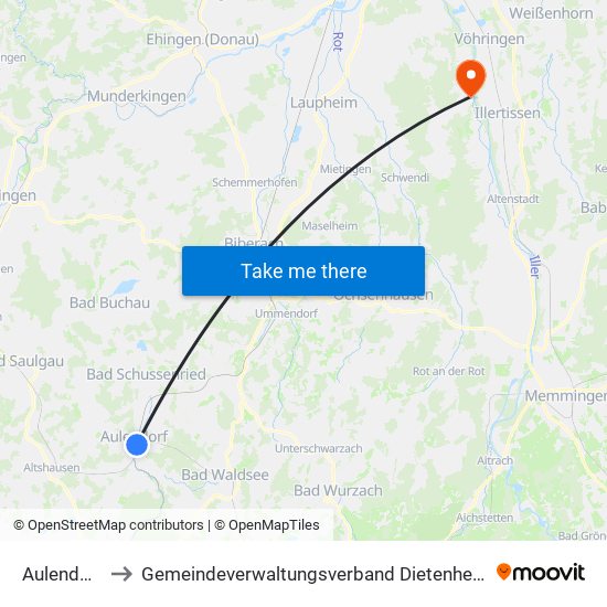 Aulendorf to Gemeindeverwaltungsverband Dietenheim map