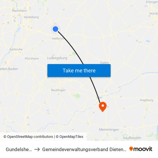 Gundelsheim to Gemeindeverwaltungsverband Dietenheim map